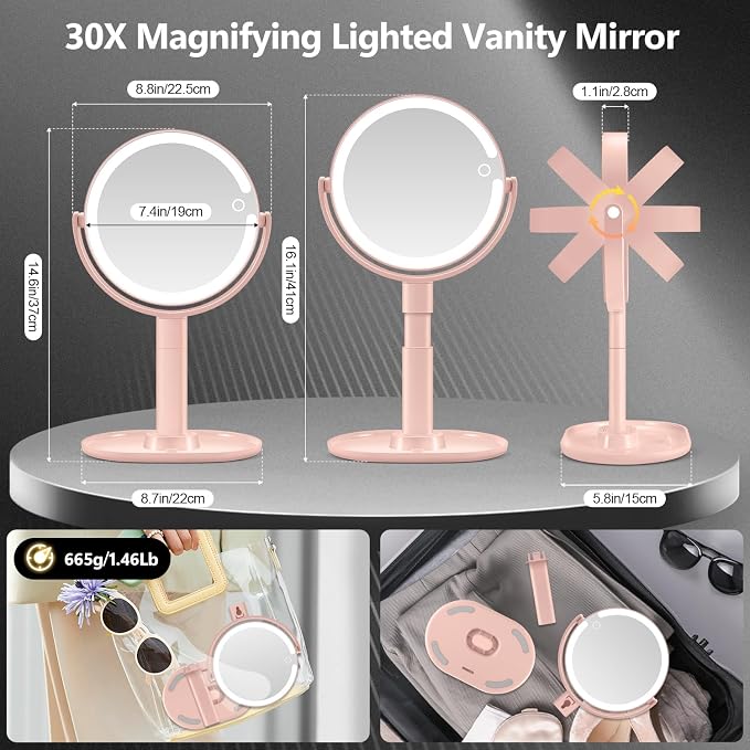 MIYADIVA Makeup Mirror with Lights, 30X Magnifying Mirror with Light and Touch Switch, Vanity Mirror with 3 Color Light and 80 LEDs, Height Adjustable Desk Mirror with Light, Pink
