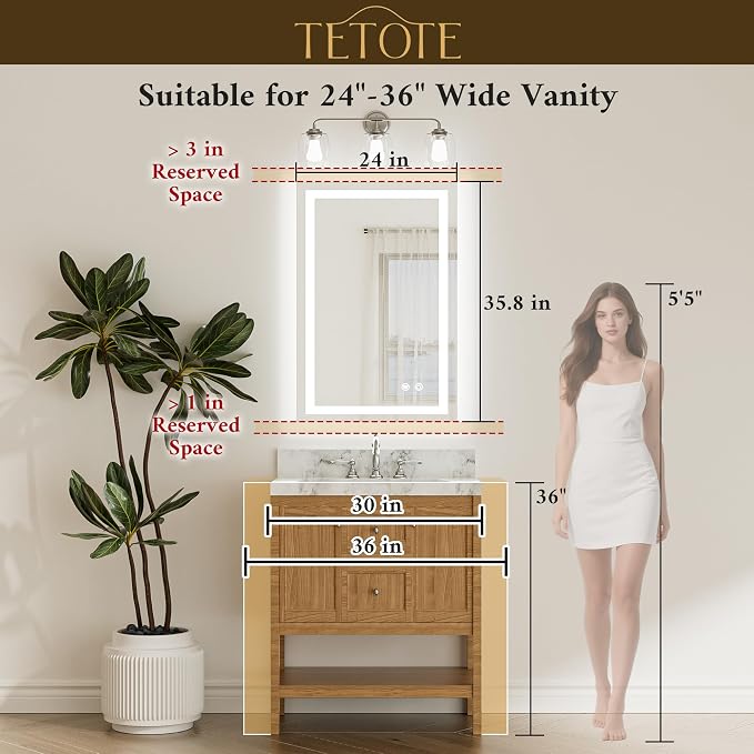 LED Bathroom Mirror 24 x 36 Brighter Light up Mirror with Lights, Front and Backlit Lighted Mirror for Bathroom 3-Color Dimmable Led Vanity Illuminated Anti Fog Wall Mirror, Tempered Glass