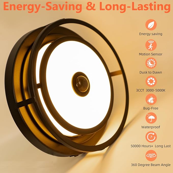 LED Motion Sensor Outdoor Ceiling Light Flush Mount Porch Ceiling Light | 12 Inch Black Ceiling Light Fixtures, Dusk to Dawn Outdoor Light Waterproof, 3CCT 3000K/4000K/5000K for Porch Garage Patio