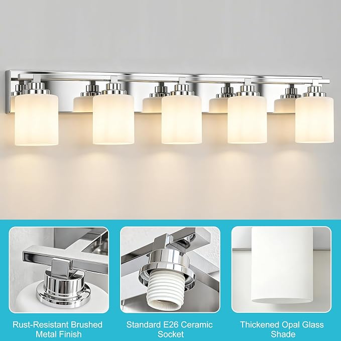 Modern Bathroom Lighting Fixtures Over Mirror, Vanity Lights for Bathroom, Wall Sconces with Milky White Glass Shades, E26 Ceramic Socket, 5-Light 35.4-inch Chrome