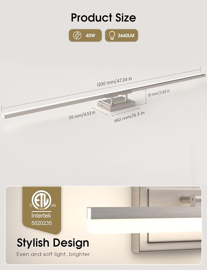 VOLISUN Modern Bathroom Vanity Light 48 inch, Rotatable, 40W Dimmable 5CCT Led Bathroom Light Fixture Over Mirror, Brushed Nickel Bar Vanity Light for Bathrooms Mirror Restroom-ETL Certificated