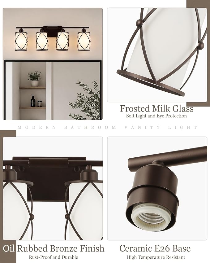 4-Light Oil Rubbed Bronze Bathroom Light Fixtures Over Mirror, 29" UL-Listed Modern Farmhouse Wall Sconce Lights with Milk White Frosted Glass and Metal Cage for Bath, E26, CH9176ORBW-4W