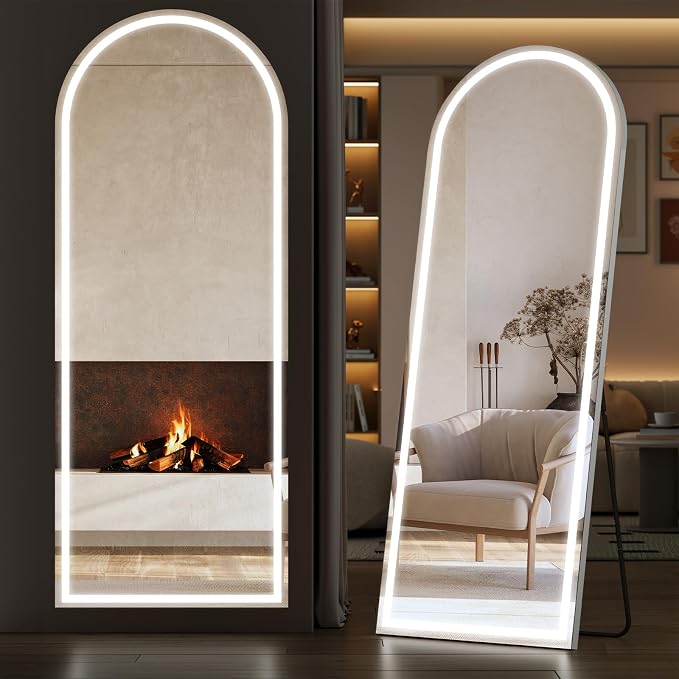 Sweetcrispy Arched LED Full Length Floor Mirror, 71"x26" Full Body Mirror | Standing Mirror with Dimming & 3 Color Lighting, Shatterproof Tempered Glass, Wall Hanging or Leaning for Home Decor, White