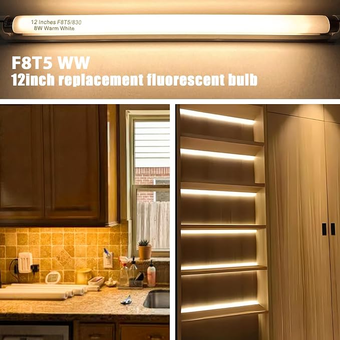 Konideke 8 Pack F8T5/WW Fluorescent Bulbs Warm White 3000K, 12 inch Under Cabinet Light Bulb, T5 8 Watt Fluorescent Tube Soft White, G5 Mini Bi 460 Lumens No Dimmable