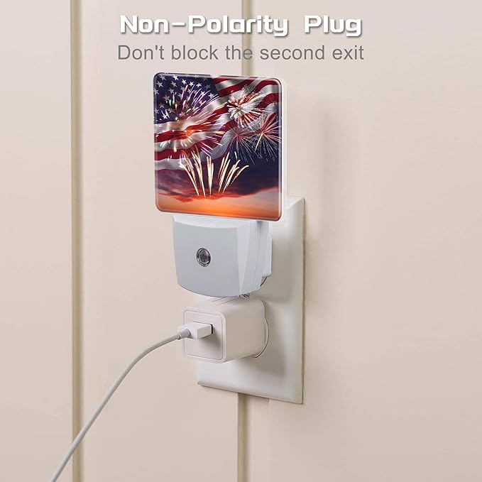 America Flag with Fireworks Night Light Plug into Wall,Retro The USA Flag Patriotic Dusk to Dawn Night Light,0.5w Energy Saving Sleep Friendly Nightlights for Kids Boys Girls Home