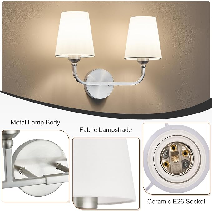Bathroom Vanity Light Brushed Nickel Bathroom Lighting Fixtures Over Mirror | 2-Light Bathroom Light Fixtures with Flared White Fabric Shade, E26 Socket (ETL Listed)
