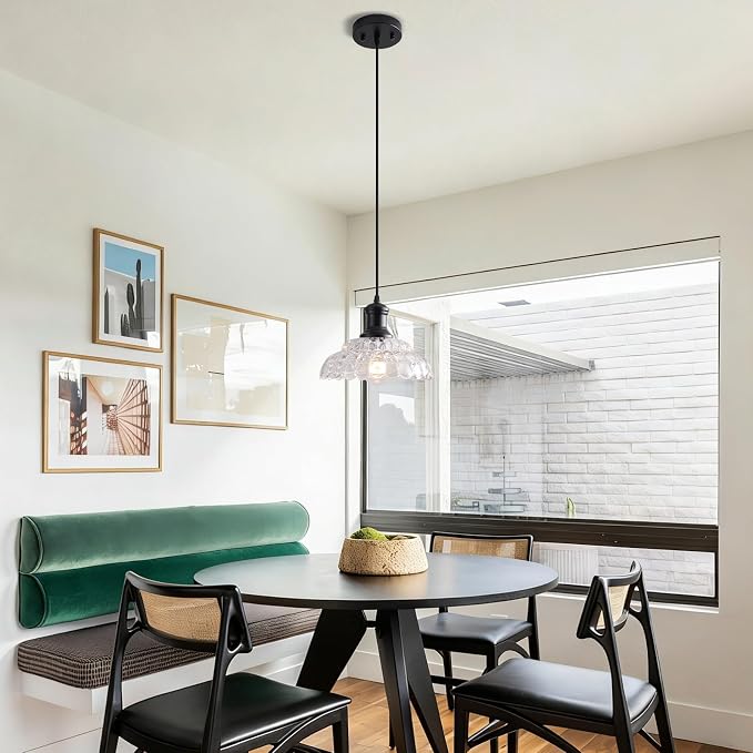 Vintage Pendant Light Kitchen Island, Black Pendant Light Fixture with Flower Clear Glass Shade, Antique Pendant Lamp for Dining Room, Living Room, Bedroom, Kitchen Island Sink