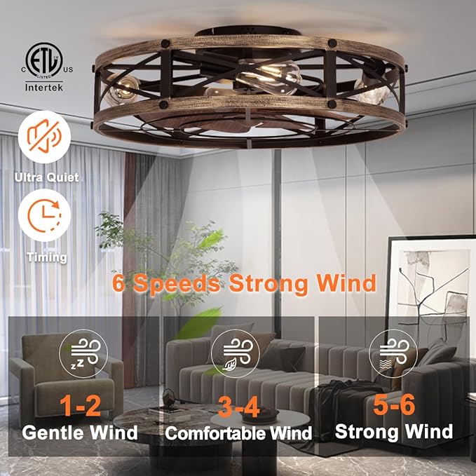 SHLUCE 22" Farmhouse Ceiling Fan with Light, Rustic Caged Bladeless Low Profile Ceiling Fans with Lights and Remote, Modern Flush Mount Ceiling Fans with Lights for Bedroom, Living Room - ETL