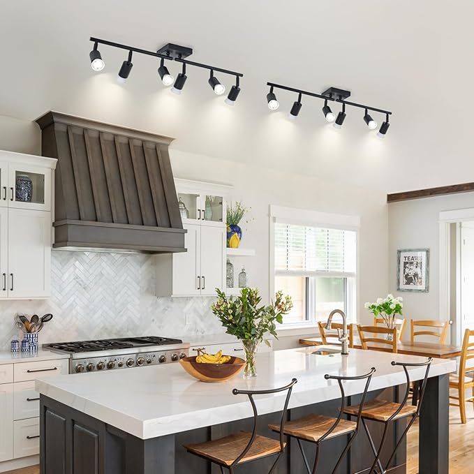 SEEBLEN 6-Light Kitchen Track Lighting, Black Adjustable GU10 Track Ceiling Light Kit, Industrial Flush Mount Ceiling Spotlight Fixture for Hallway, Dining Room
