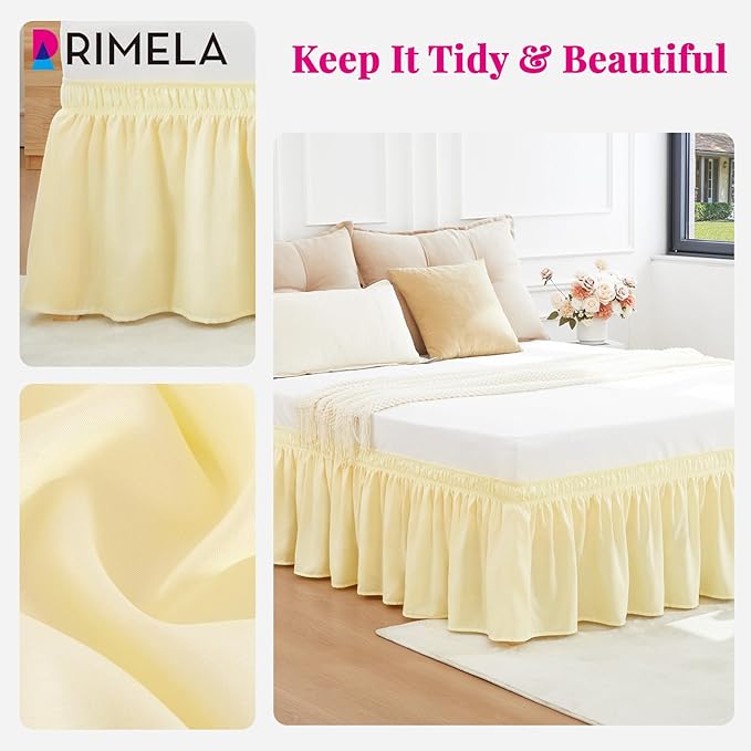 RIMELA Twin Bed Skirt Beige Yellow 12 Inch Drop,Wrap Around Elastic Bed Skirts Twin Size Dust Ruffle,Bedskirt for Adjustable Bed Base Solid Wrinkle and Fade Resistant Silky Fabric Machine Washable