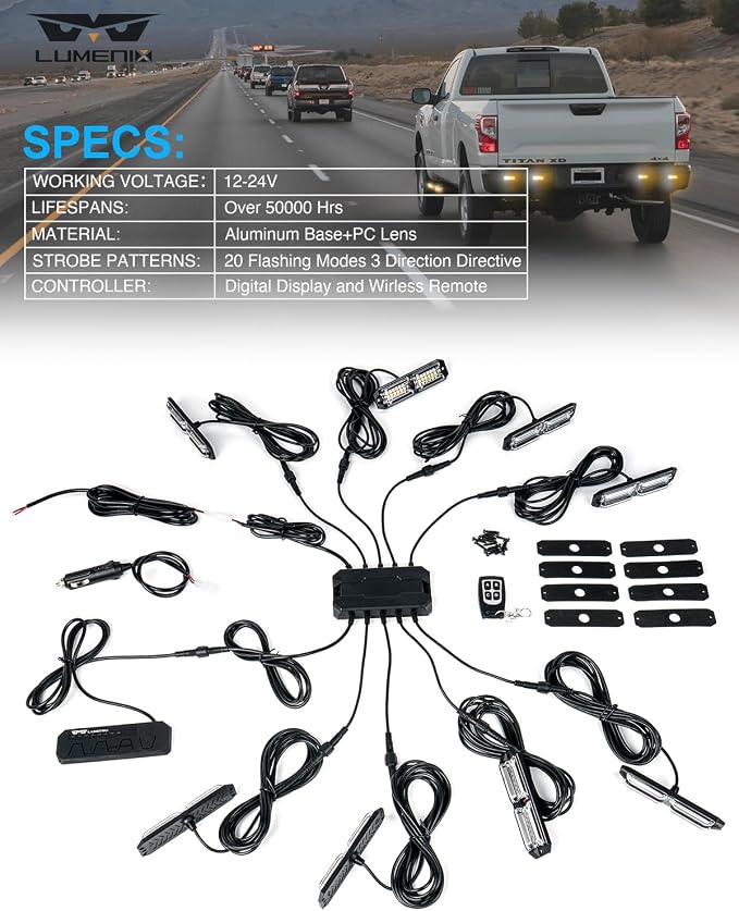LUMENIX Grille Strobe Lights Kits for Trucks w/Controller, 8PCs High-Intensity LED Deck | Surface Mount Emergency Construction Vehicles Snowplow Towing Side Marker Flashing Warning Light- White Amber