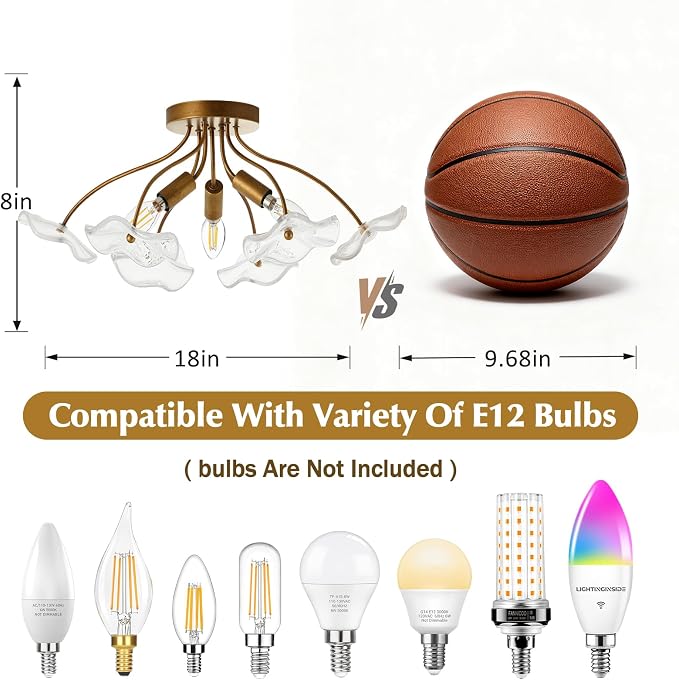 Luvkczc Semi Flush Mount Ceiling Light, Modern Gold Ceiling Light Fixture, Vintage Brass Lighting for Kitchen Entryway Hallway Bathroom Bedroom Foyer, 3 Light E12 Socket