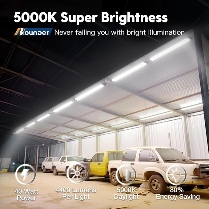 BBOUNDER 12Pack 4FT LED Shop Light, Reflector, 5000K Linkable, 40W=250W ETL | 4400LM, Surface or Hanging Mount, 48 Inch Utility Super Bright Shop Lights for Garage Workshop Car Detailing & DIYers, Black