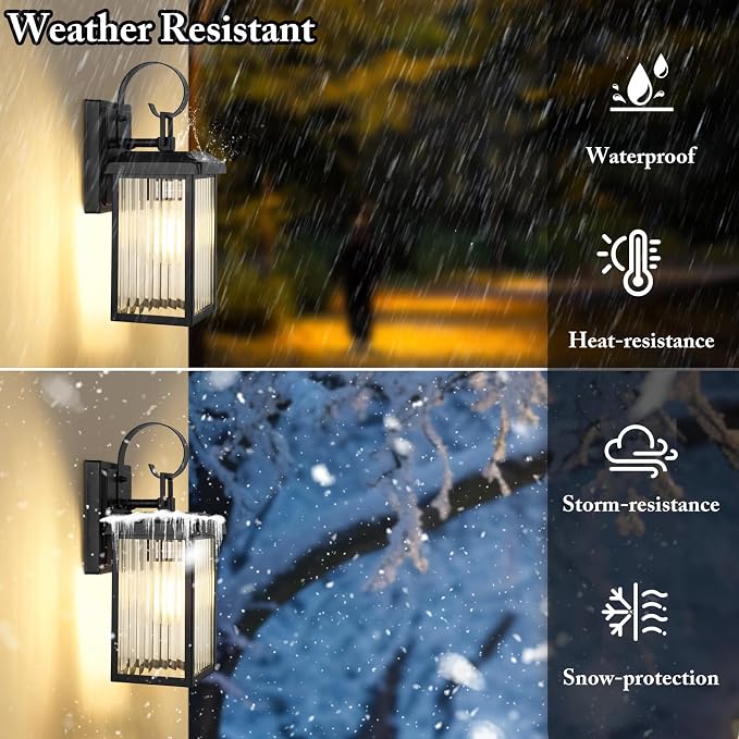 2-Pack Outdoor Wall Light Fixtures with Fluted Glass, Black | Waterproof, Rust-Resistant, Durable Metal, Standard E26 Socket, Easy to Install