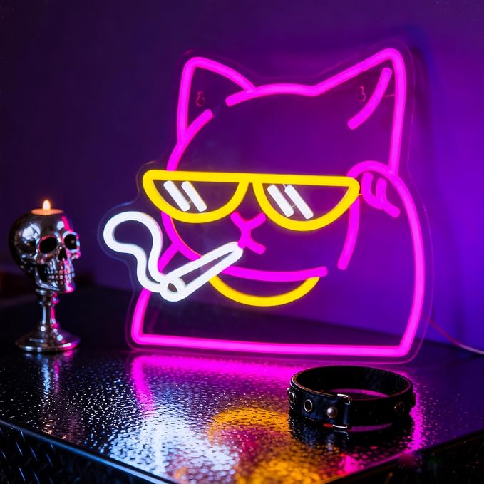 Smoking Cat Neon Sign, Dimmable Cool Cat LED Wall Light for Cat Lovers | USB Powered Cat Neon Light for Gamer Room, Man Cave, Bedroom, Bar Decor, Funny Cat Gifts for Cat Lovers
