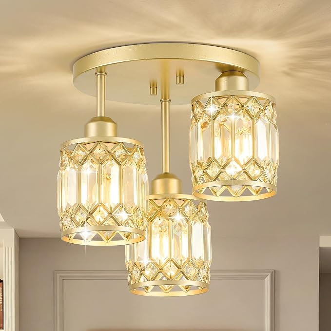 Gold Crystal Ceiling Light Fixture, 3-Light, E26 | Modern Semi Flush Mount Ceiling Light, Kitchen Lighting Fixtures Ceiling for Hallway Bedroom Bathroom Laundry Room