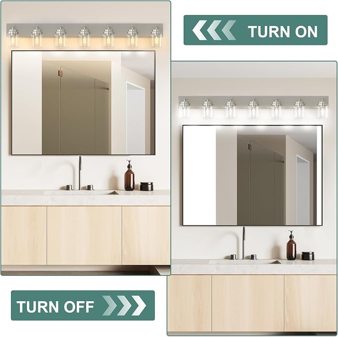 IZORRO Bathroom Vanity Light Fixture, 7-Light 52 inch Brushed Nickel Bathroom Light Fixtures Over Mirror, with Clear Glass Shade, Modern Farmhouse Vanity Lights, Rustic Restroom Lighting Fixtures