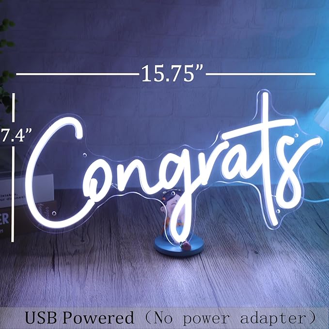 SYLHOME Congrats LED Neon Light Sign for Wedding Birthday Party Graduation Background Wall Decor Sign Celebration Banquet Light Up Sign 15.75" X 7.4" USB Indoors Cold White