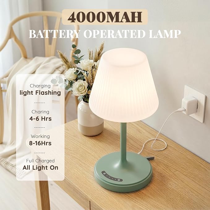 Waterproof Shower Lamp Outdoor Cordless Table Lamp, 3-Color Dimmable -Green | 4000mAh, touch, weighted base, bathroom shower light, patio dinner, RV camping, charge your phones, memory night light