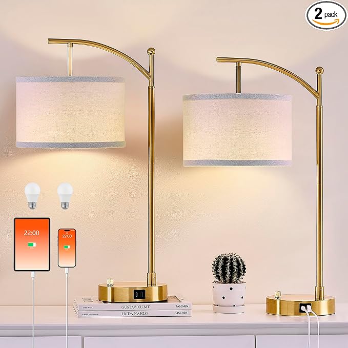 Table Lamp for Living Room Bedroom, 23.5" Table Lamps Set of 2 with USB C+A Ports, Bedside Lamps for Nightstand with Linen Lamp Shades, 2 Dimmable LED Bulbs Included, Gold