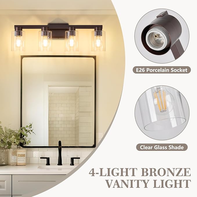 4-Light Bathroom Light Fixtures with Clear Glass, Oil Rubbed Bronze | Vanity Lights, Modern Wall Sconces, Over Mirror for Bathroom, Powder Room, Living Room