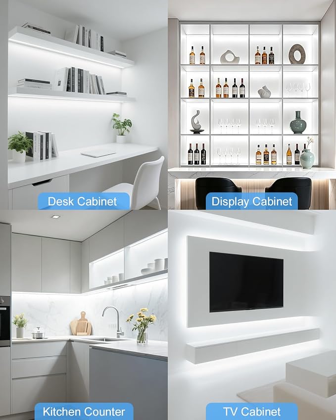 COB LED Shelf Lighting Cold White 12V Cabinet Light Plug in 16.4FT | 60W 7-in-1 Under Cabinet Lights，Touch Switch Dimmable，Flexible DIY Cuttable, 320LED/M LED Tape Light,for bookshelves pantry
