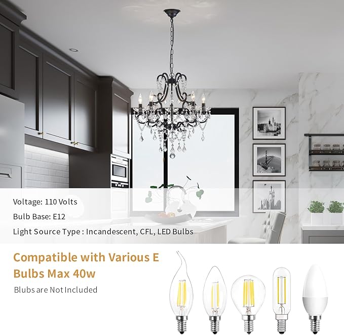 Black Crystal Chandelier, 5-Light Modern Black Chandelier for Dining Room Light Fixture, Crystal Pendant Ceiling Light Fixture, Modern Candle Chandelier for Living Room Kitchen Island Entryway Bedroom