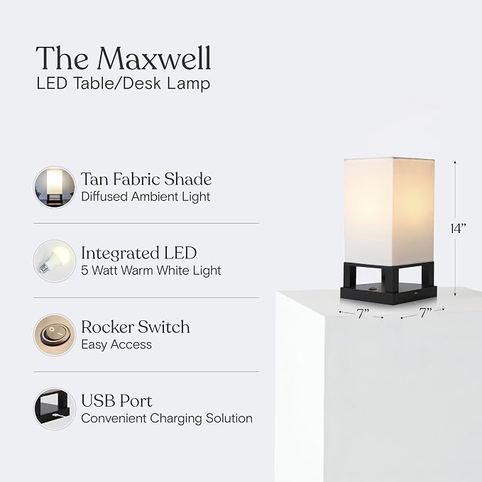 Brightech Maxwell Bedside Lamp with USB Port – Compact Table Lamp for Bedroom, Living Room - Modern Asian Nightstand Lamp with Wood Frame - LED Bulb, Soft Light - Black