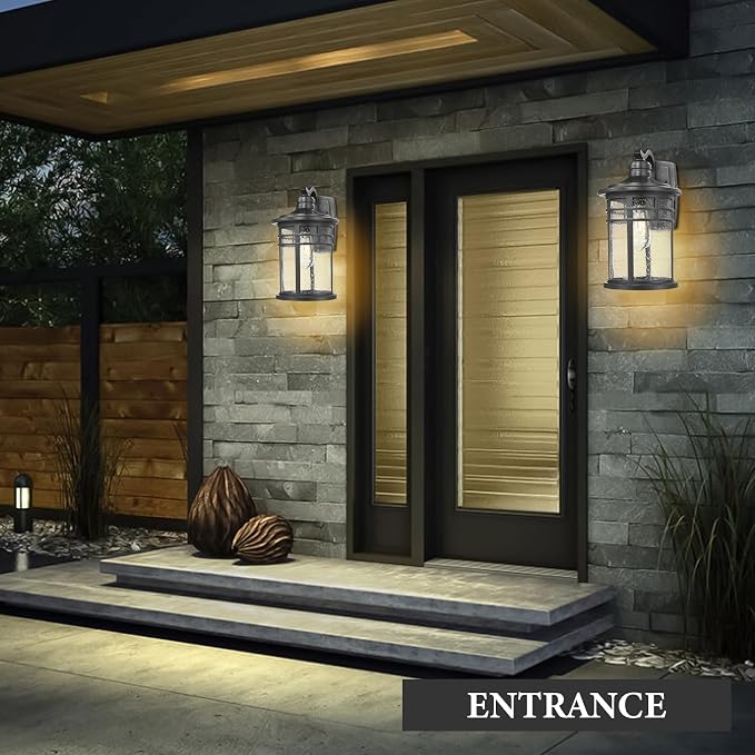 Darkaway Large Outdoor Porch Lights Wall Mount, 15inch Outdoor Light Fixtures Sconces Wall Lighting with Seeded Glass Exterior Lights for Patio Yard House Hallway Doorway Garage(Large, Black)