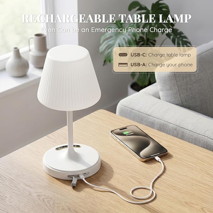 Waterproof Shower Lamp Outdoor Cordless Table Lamp, 3 Color Dimmable -White | touch dimmable, weighted base, bathroom shower light, patio dinner, RV camping, charge your phones, memory night light