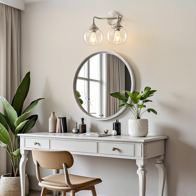 Bathroom Light Fixtures 2-Light Brushed Nickel Vanity Light 14" | Farmhouse Vanity Lighting Fixtures Over Mirror, Thickened Clear Glass Shade, UL E26 Dimmable Vanity Light Fixtures