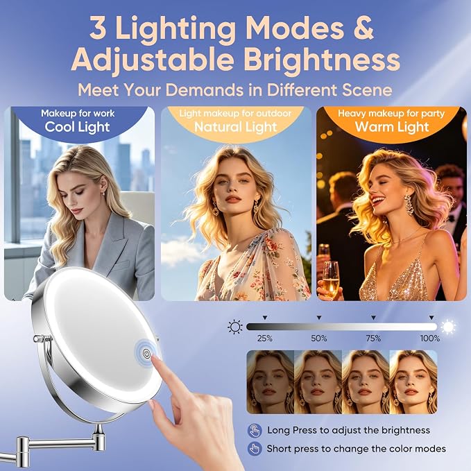 FUNTOUCH 9" Rechargeable Wall Mounted Makeup Mirror with Lights 1X/30X | 5000mAh Double Sided Magnifying Mirror with Dimmable 3 Color Light, Extended Arm 360° Wall Mount Bathroom Mirror-Chrome