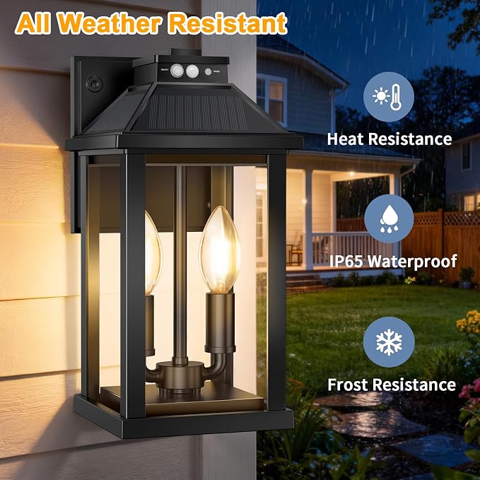 Solar Porch Lights Outdoor with Motion Sensor, Dusk to Dawn Waterproof Solar Wall Light with 3 Lighting Modes, Wall Sconce Light fixtures for Home Garage Porch Yard Front Door