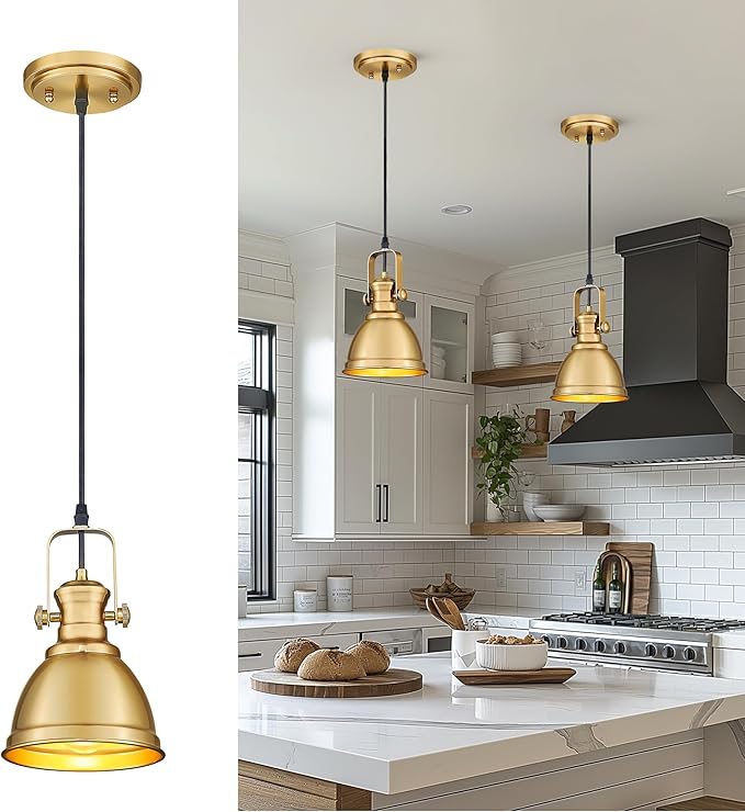 Pendant Lights Kitchen Island, Farmhouse Hanging Lights Fixtures with Metal Shade, Rustic Kitchen Pendant Lighting Over Island for Dining Room, Brushed Gold, AD-2151-1P-GD