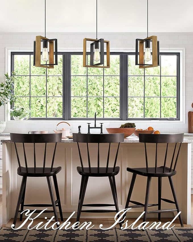 Farmhouse Pendant Light Fixture, Black Pendant Lights for Kitchen Island Industrial Lantern Pendant Light Fixtures with Light Shade, Adjustable Height Hanging Pendant Lighting