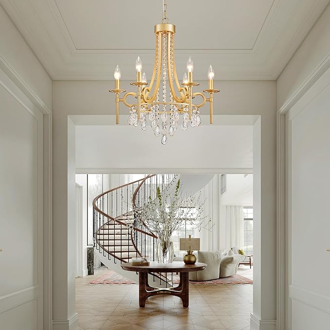 Modern Crystal Chandeliers for Dining Room, 6-Lights Gold Round Chandelier for Entryway, Crystal Chandelier Pendant Ceiling Lighting Fixture for Living Room Bedroom Kitchen Island Foyer Staircase