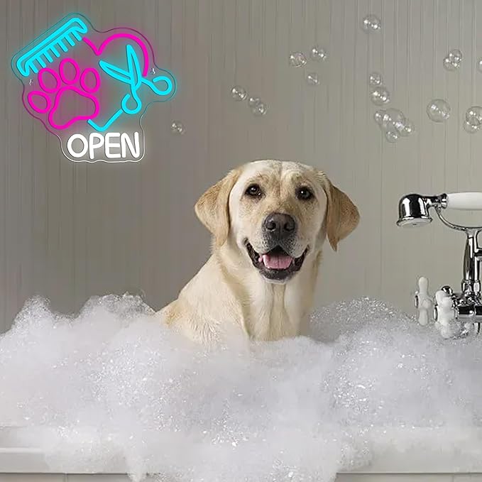 Mutank Pet Shop Open Neon Sign, Paw Neon Light USB Powered LED Dimmable Scissors Sign, for Pet Shop Business Sign Pet Spa Pet Salon Animal Clinic Decor Pet Grooming and Welcome Sign(13.3 * 12.2 In)