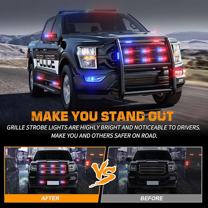 XRIDONSEN 8PCS Sync Grill Police Lights for Truck 32 LED Red Blue Emergency Strobe Lights Flashing Warning Hazard Caution Safety Surface Mount Grille Light for Law Enforcement Vehicles Pickup Car SUV