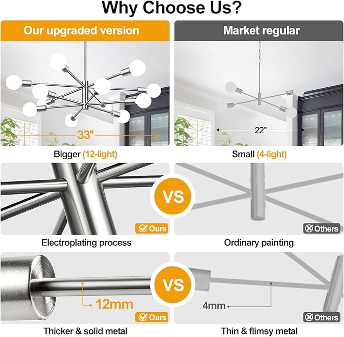33" Modern Chandelier Ceiling Light Fixture, 12-Light Sputnik Chandeliers Brushed Nickel Mid Century Chandelier Over Table, Height Adjustable Chandeliers for Dining Room Living (Bulbs Not Included)