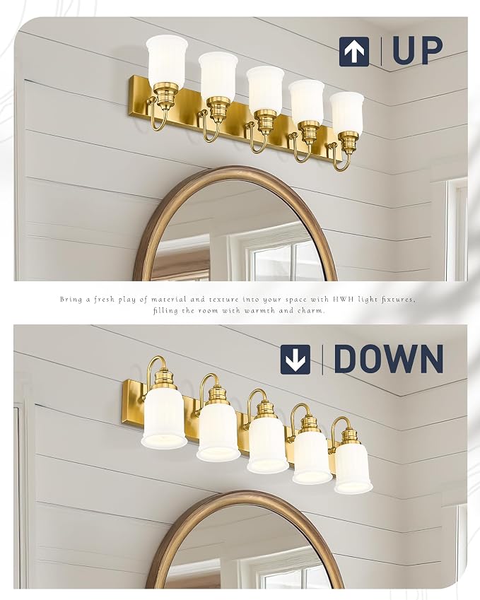 HWH INVESTMENT 5-Light Bathroom Vanity Light, Brushed Gold, 5HZG106B-5W BG | 33-Inch Hardwired Wall Light with Frosted Bell-Shaped Glass; 5 E26 Bulbs, Max 60W Each; Reversible Up or Down Mount