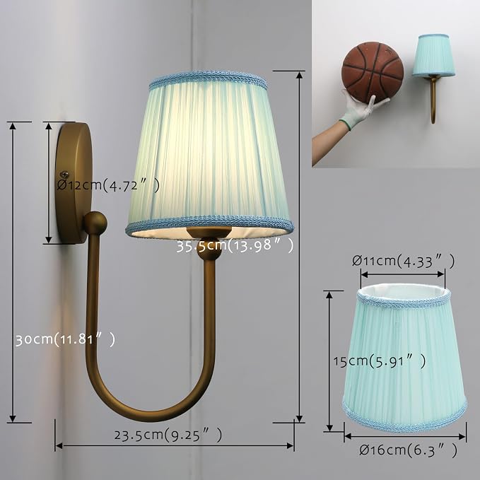 Vintage Set of 2 Fabric Wall Sconce Blue Gauze Cloth Shade, Hardwired Curved Arm Bathroom Vanity Lights, Indoor Wall Decor Lamp for Living Room, Kitchen, Bedroom, Foyer