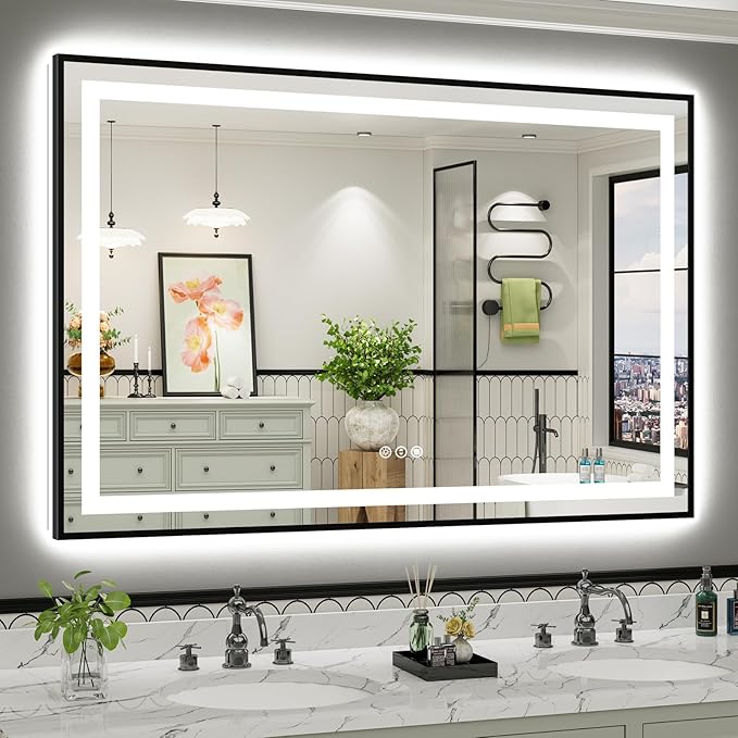 60x40 Inch LED Bathroom Mirror with Black Frame, Backlit & Front Lit | Anti-fog, 3 Color Dimmable, Memory Function, HD Reflection Tempered Glass, ETL Listed, IP54 Waterproof