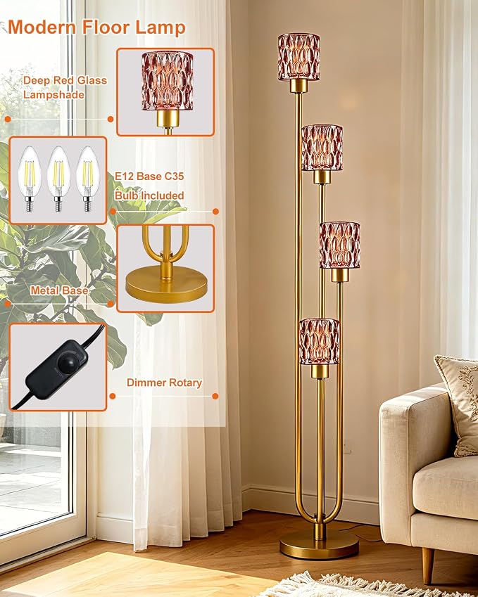 Vintage 4-Light Deep Red Glass Floor Lamp, Dimmable Gold Standing Tall Lamp for Reading, Mid Century Modern Floor Lamp for Living Room Bedroom Home Office Corner Decor, Bulb Included