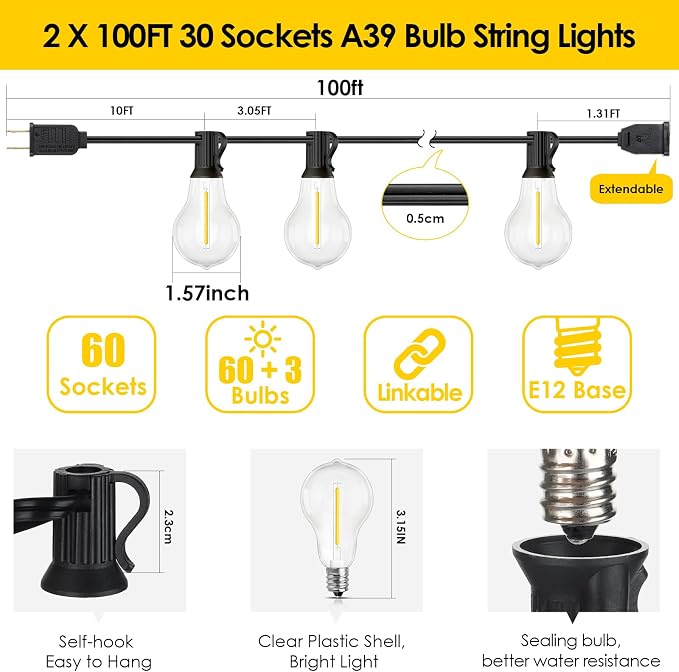 200FT(2x100FT) Outdoor String Lights, 63 A39 Edison Bulbs, Black | Plug in, Dimmer not included, Waterproof, Shatterproof, Extendable, LED Hanging Lamp for Backyard Garden Decor