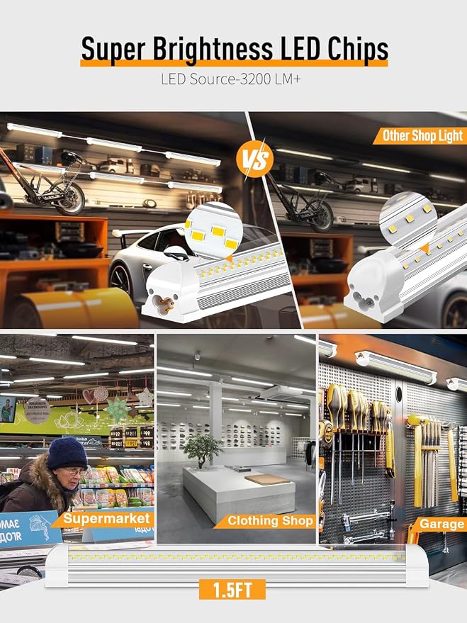 LED Shop Light, 25W 3750LM 6000K Super Bright(6 Pack) | Plug and Play, Linkable Utility Shop Lights for Garage, Cabinet, Workbench, Workshop