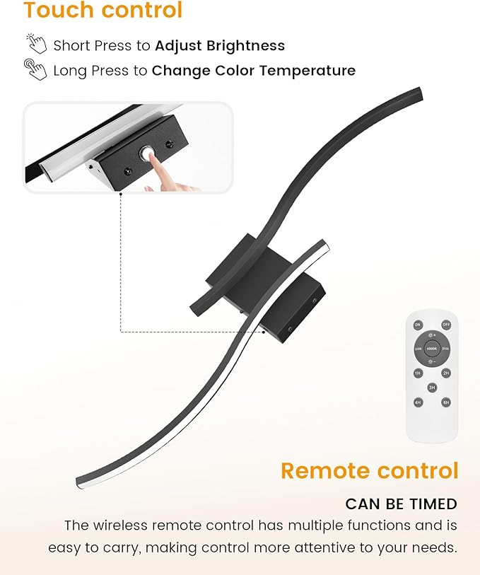 NIORSUN 27.6 Inch Battery Operated Wall Sconce Set of 2, Black Modern Rechargeable Wall Lights with Remote, 3CCT Dimmable Wireless Wall Lamp for Living Room Bedroom Hallway