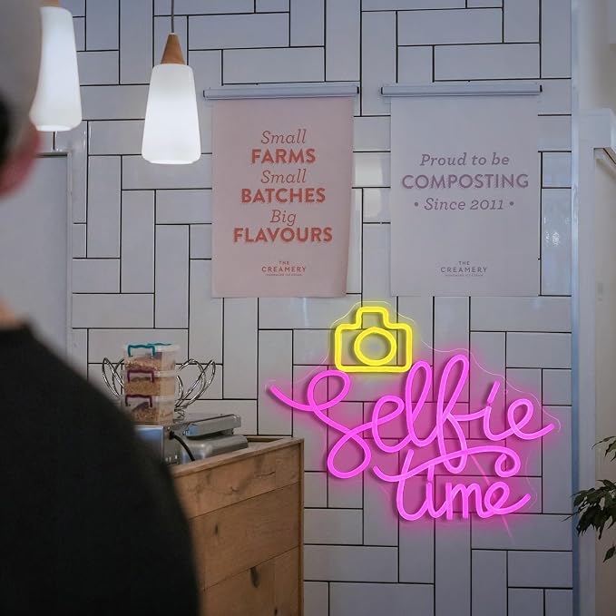 Selfie Time Neon Sign LED Yellow Camera Pink Neon Light For Wall Decor Dimmable USB Powered Light Up Sign for Photographic Studio Bedroom Photography Lover Room Party Gifts (16.7 * 12.8In)