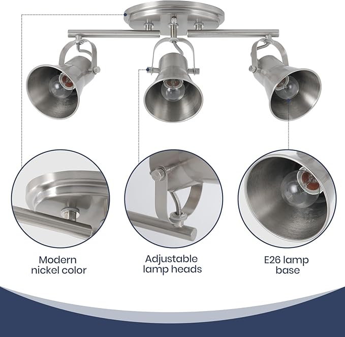 SEEBLEN Nickel 3-Light Track Lighting Kit, Directional Ceiling Light Fixtures, Industrial Kitchen Lighting for Island, Over Table, Hallway，Laundry Room