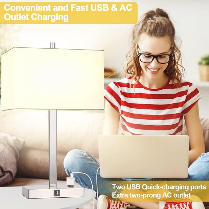 21" Touch Bedside lamps with 2 USB & AC Outlets, 3-Way Dimmable Bedside Table Lamps Set of 2 for Bedroom Living Room Office Reading, White Shade Lamps for Night Stands, 3000K LED Bulbs Included