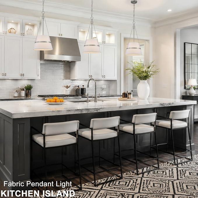 11.4" Brushed Nickel Drum Pendant Lights Kitchen Island White Fabric Shade | Modern Transitional, Cone Shape, 3 Side Chains, 1-Light, Breakfast Nook, Reading Corner, Adjustable Height 11.42"W x 23.82"H